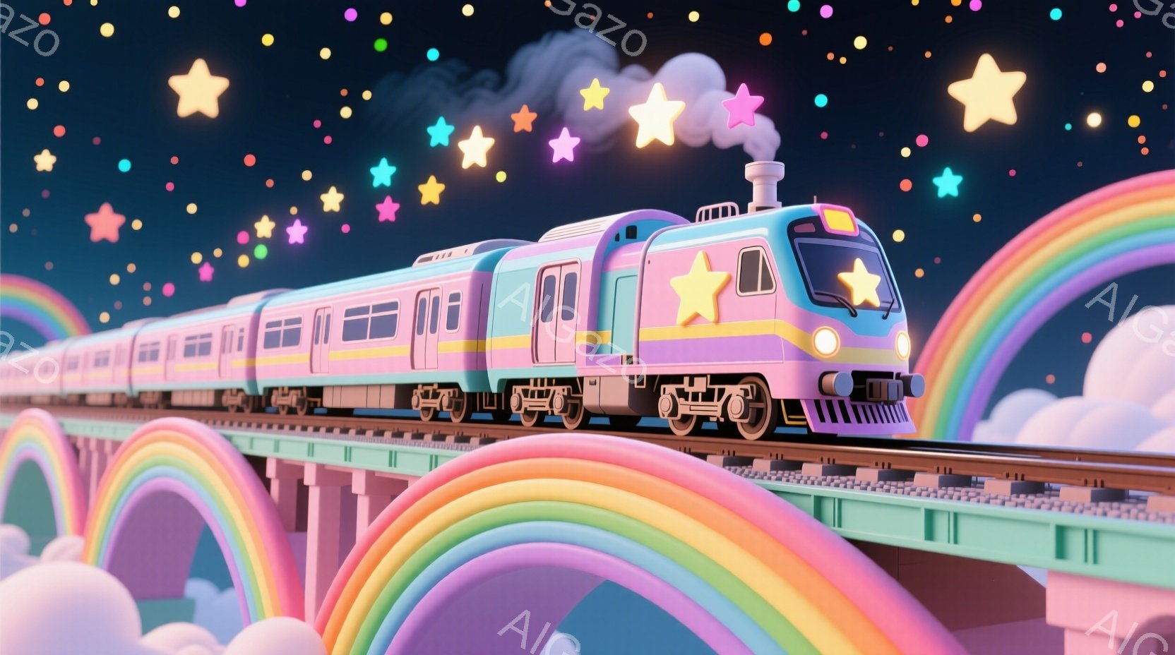 カラフルな虹のレールの上を、ピンクと水色の列車が走っています。列車は星型の装飾があり、白い煙を上げながら、空には様々な色の星が輝いています。全体的に夢のような、幻想的な雰囲気で、遊園地のアトラクションのようにも見えます。