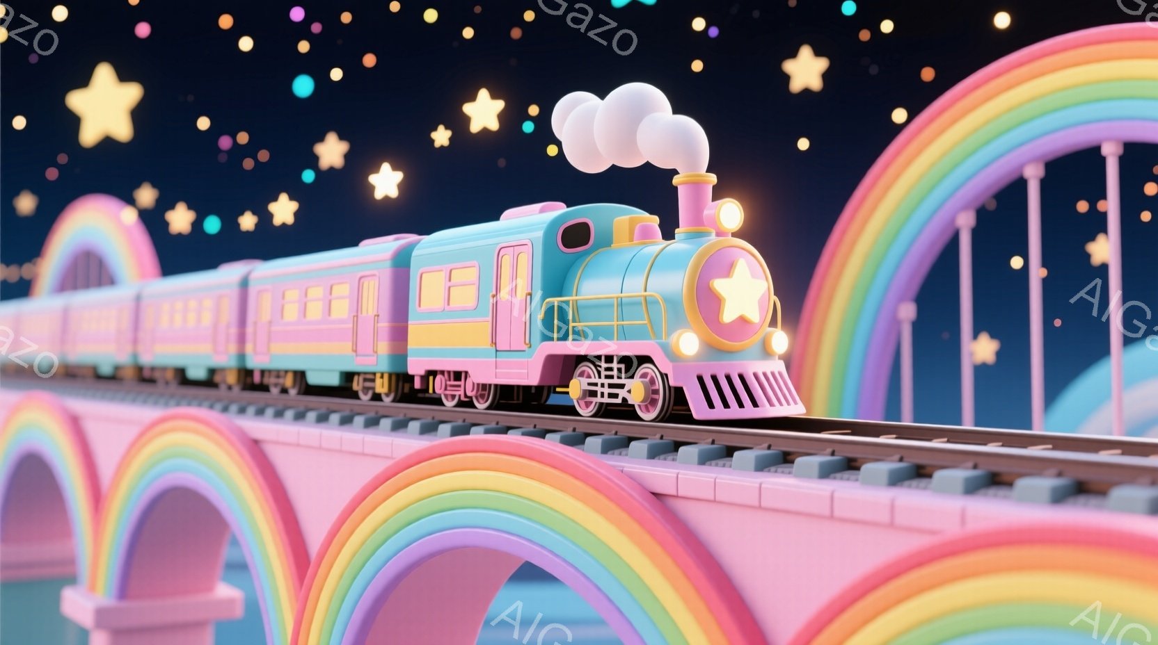 明るいパステルカラーの列車が、虹色のアーチが並んだ線路の上を走っています。列車はピンク、水色、黄色で構成され、可愛らしい星のモチーフが施されています。背景は暗い夜空で、多くの星が輝いており、ファンタジ - AI生成フリー素材