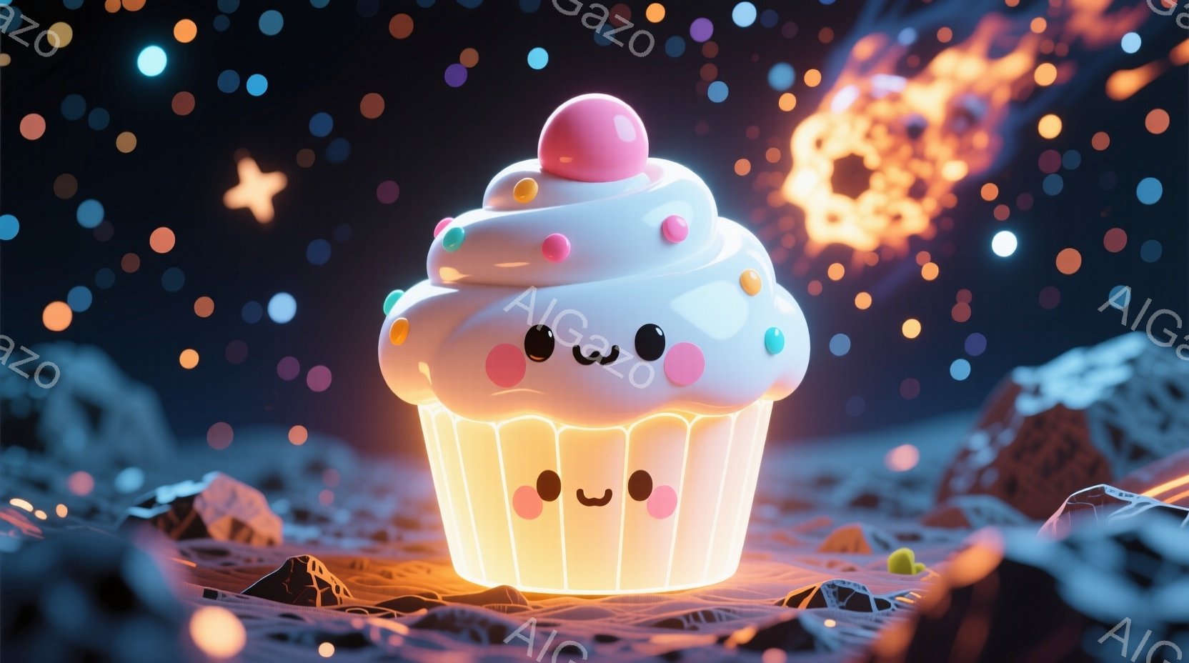 鮮やかなピンク色のクリームとカラフルなスプリンクルが飾られたカップケーキが、光を放ちながら画面中央に浮かんでいます。背景は暗い空に無数の星が輝き、鋭利な岩が点在する幻想的な風景が広がっています。全体的 - AI生成フリー素材
