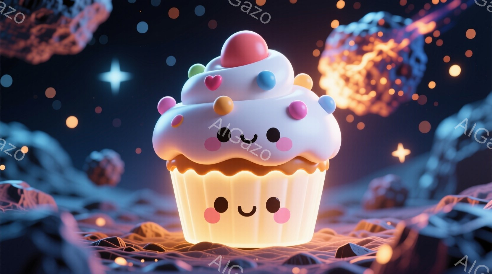 ふわふわのクリームとカラフルなスプリンクルが乗った、可愛らしいカップケーキが中央にあります。カップケーキは優しい光を放っており、まるで小さな灯台のようです。背景には、青色の複雑な形状の物体や、オレンジ色の光る物体が星のように散りばめられており、幻想的な宇宙空間を表現しています。