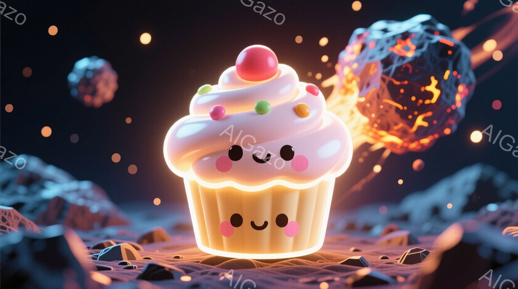 ピンク色のカップケーキが、暗い宇宙空間に浮かぶ岩石の間にあります。カップケーキは可愛らしい笑顔を見せ、明るい光を放っています。背景には、燃え盛る隕石や星屑が散りばめられ、幻想的な雰囲気を醸し出しています。