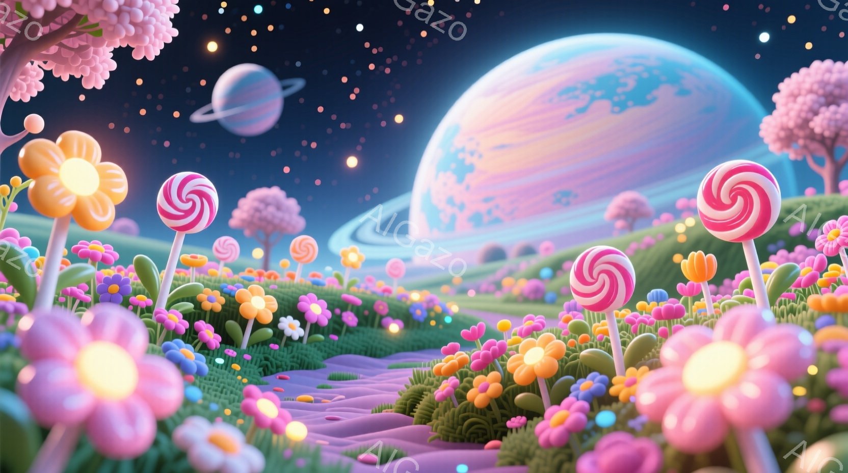 カラフルな花畑が広がり、キャンディのような花々が咲き乱れている、夢のような風景です。背景には、リングのある惑星が夜空に輝き、おとぎ話のような雰囲気を醸し出しています。紫色の道が花畑を縫うように走り、暖かくファンタジックな世界観を演出しています。