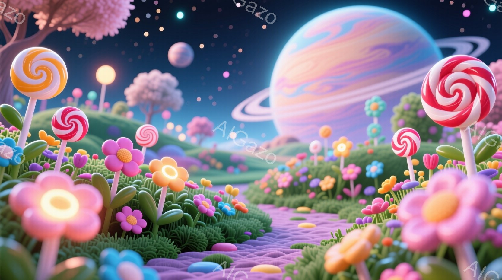 広大で幻想的な風景が広がっており、カラフルな花々やキャンディのようなオブジェクトが咲き乱れている。背景には、渦巻く雲を持つ巨大な惑星が浮かび、夜空には星々が輝いている。全体的に、夢のような、遊び心のあ - AI生成フリー素材