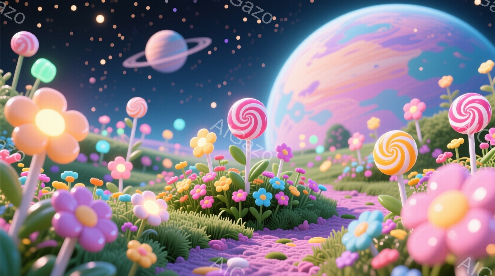 鮮やかなピンクと緑色の花々が咲き乱れる、おとぎ話のような風景が広がっています。背景には、惑星と星空が広がり、夢のような雰囲気を醸し出しています。キャンディーのような花や、道が可愛らしく、遊び心あふれる - AI生成フリー素材
