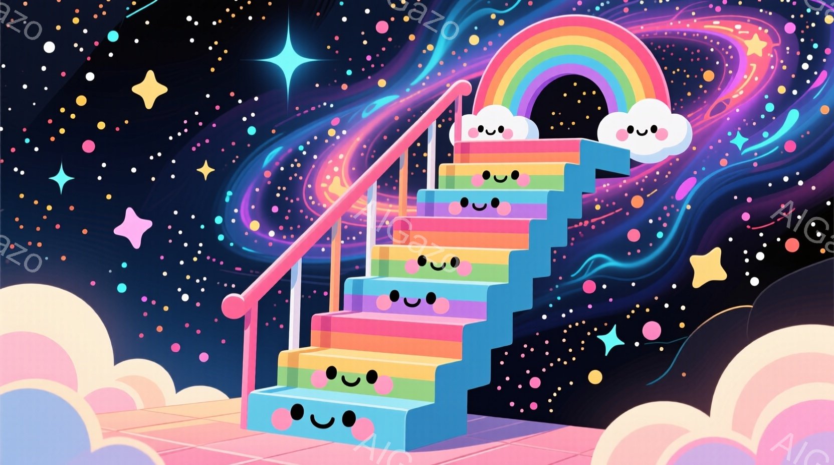 カラフルな階段が星空の中に浮かび上がっており、各段には愛らしい笑顔の顔が描かれています。背景にはパステルカラーの雲と星が散りばめられ、幻想的な雰囲気を醸し出しています。全体的に明るく、夢のような、可愛 - AI生成フリー素材