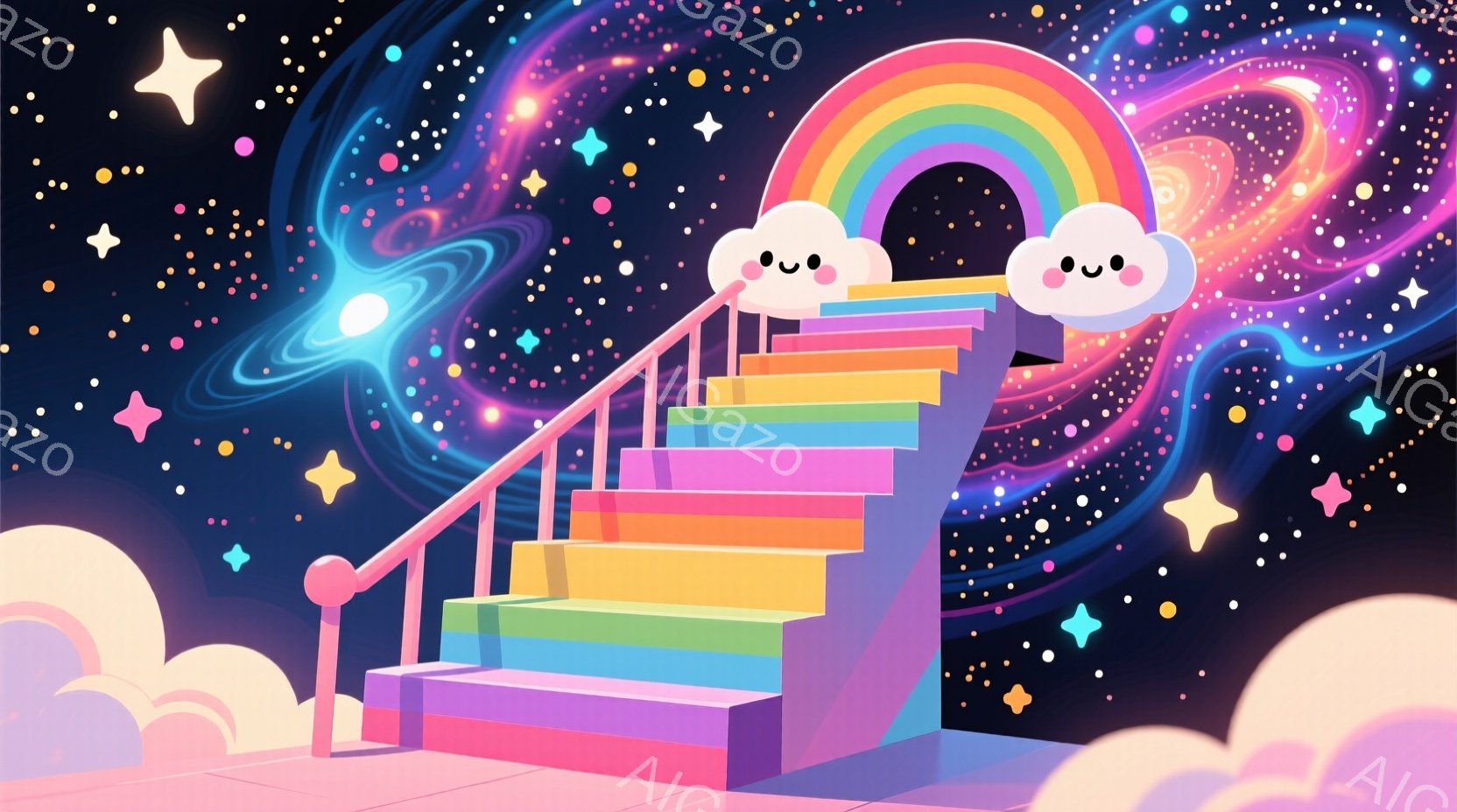 カラフルな虹色の階段が、星空と雲を背景に描かれています。階段はピンク色から始まり、紫、青、緑、黄、オレンジ、赤と色彩豊かに変化し、可愛らしい雲が両側に浮かんでいます。背景には、渦巻く銀河やきらめく星々が散りばめられ、夢幻的で幻想的な雰囲気を醸し出しています。