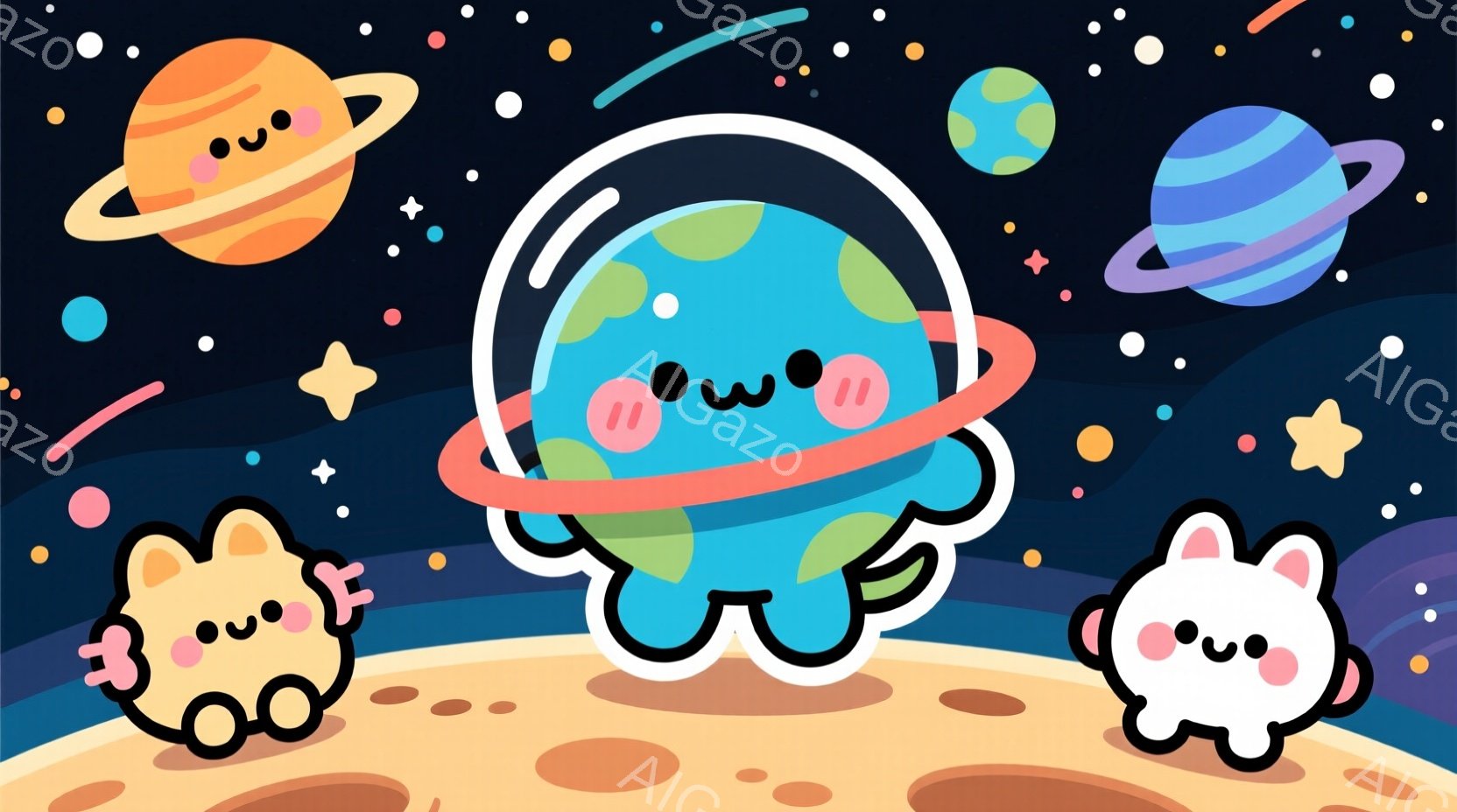 明るい青色の丸いキャラクターが、赤い輪っかの周りを回っています。そのキャラクターは可愛らしい表情で、両側にふわふわの白いキャラクターが立っています。背景は濃い青色で、様々な星や惑星が散りばめられており - AI生成フリー素材