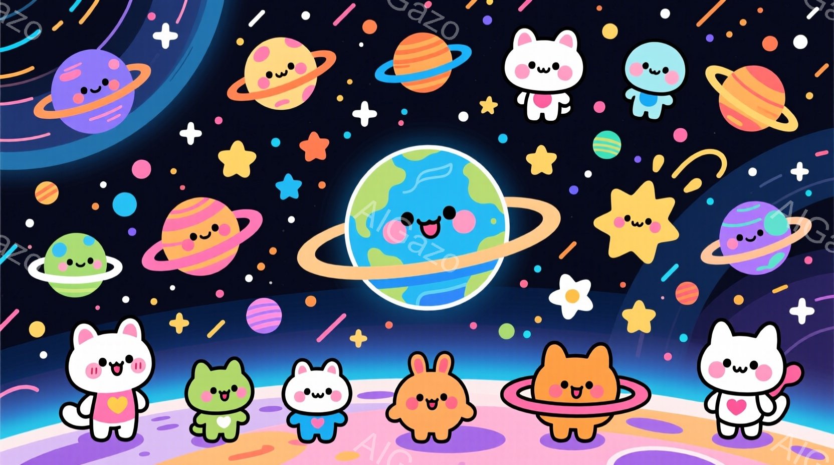 鮮やかな紫色の背景に、笑顔の惑星や星が散りばめられています。下部には、ピンク、緑、紫、オレンジ、白の可愛らしい動物たちが一列に並び、それぞれ笑顔で立っています。全体的に明るく、楽しげな雰囲気で、ポップ - AI生成フリー素材