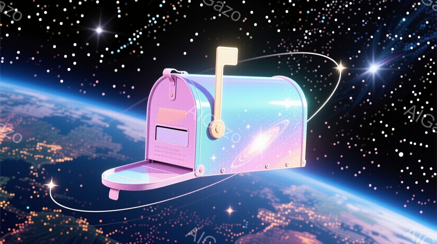 鮮やかなラベンダー色の郵便ポストが、星が輝く宇宙空間に浮かんでいます。地球の地平線と都市の明かりが遠くに広がり、ポストには銀色の渦巻き模様が描かれ、幻想的な雰囲気を醸し出しています。宇宙空間にはきらめく星が散りばめられ、全体的に夢幻的で美しい印象を与えます。