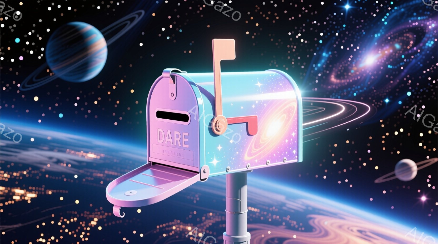 ピンク色の郵便ポストが宇宙空間に浮かんでおり、銀色の惑星と星々が背景に広がっています。郵便ポストには「DARE」という文字が書かれており、その表面には星雲のような模様が描かれています。青い地球が遠くに小さく見え、全体的に幻想的で未来的な雰囲気を醸し出しています。