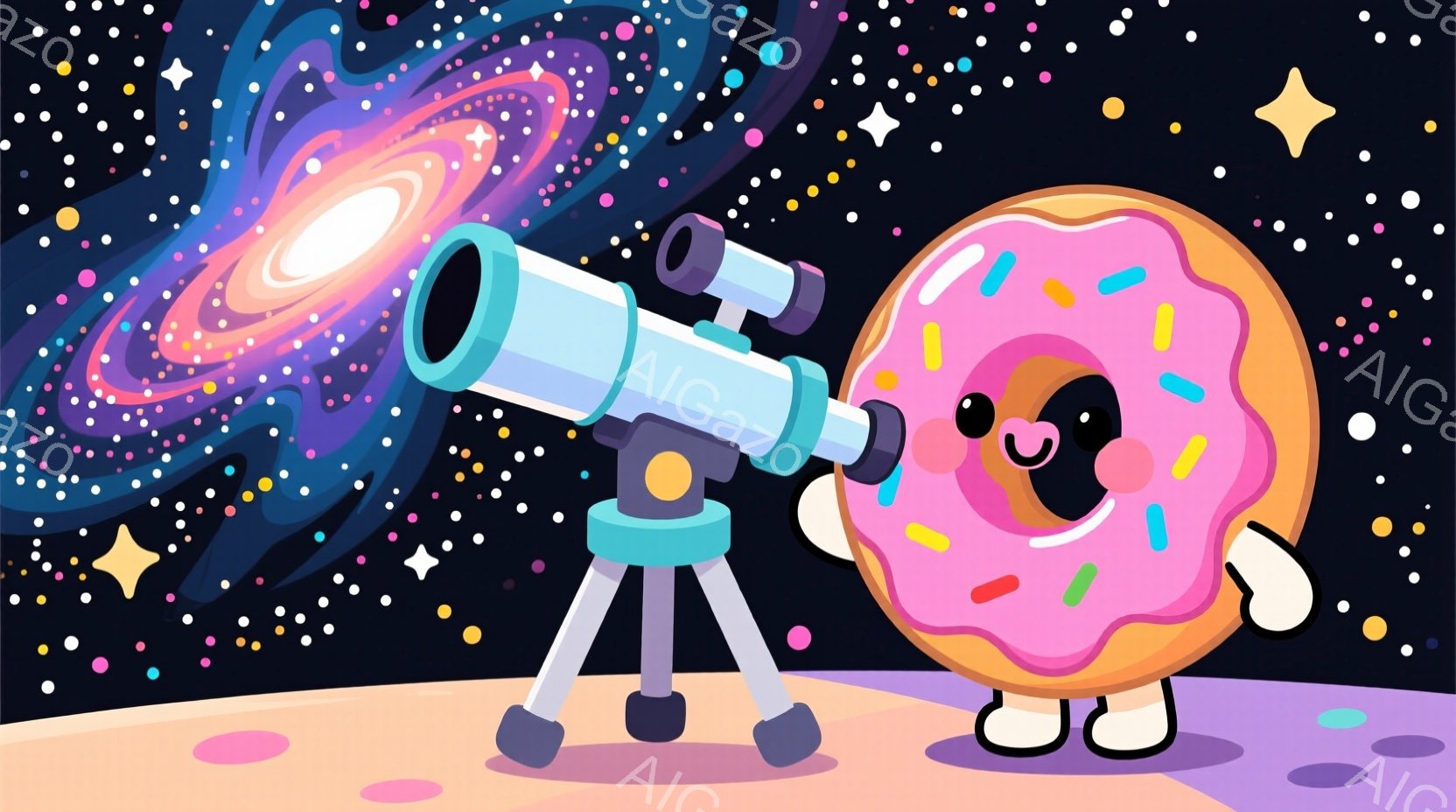 ピンク色のアイシングがかかったドーナツが、ターコイズ色の三脚に設置された望遠鏡を覗き込んでいます。ドーナツは小さな手足があり、可愛らしい笑顔を浮かべており、背景には星が輝く夜空と銀河が広がっています。全体的に明るく楽しい雰囲気で、宇宙探検を楽しむドーナツの姿が描かれています。