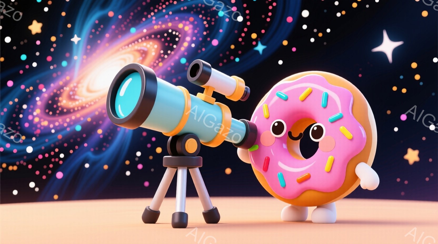 ドーナツが望遠鏡を覗き込む可愛らしいイラストです。ピンク色のアイシングとカラフルなスプリンクルが施されたドーナツは、満面の笑みを浮かべ、まるで宇宙を探索する科学者のようです。背景には星空と銀河が広がり - AI生成フリー素材