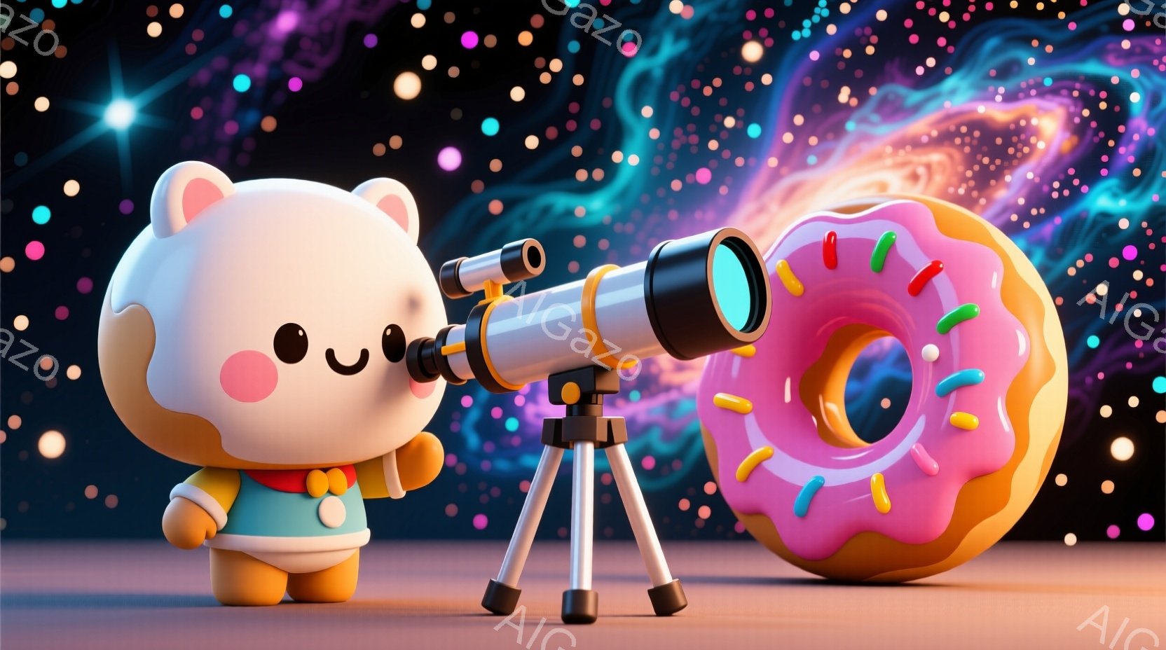 ふわふわしたクマのキャラクターが、ターコイズ色の服と赤いバンダナを着て、望遠鏡を覗き込んでいる。背景には、ピンク色のアイシングとカラフルなスプリンクルが飾られた巨大なドーナツと、きらめく星空が広がっており、夢幻的な雰囲気を醸し出している。キャラクターは可愛らしい表情で、楽しそうに宇宙を観察している様子が伺える。