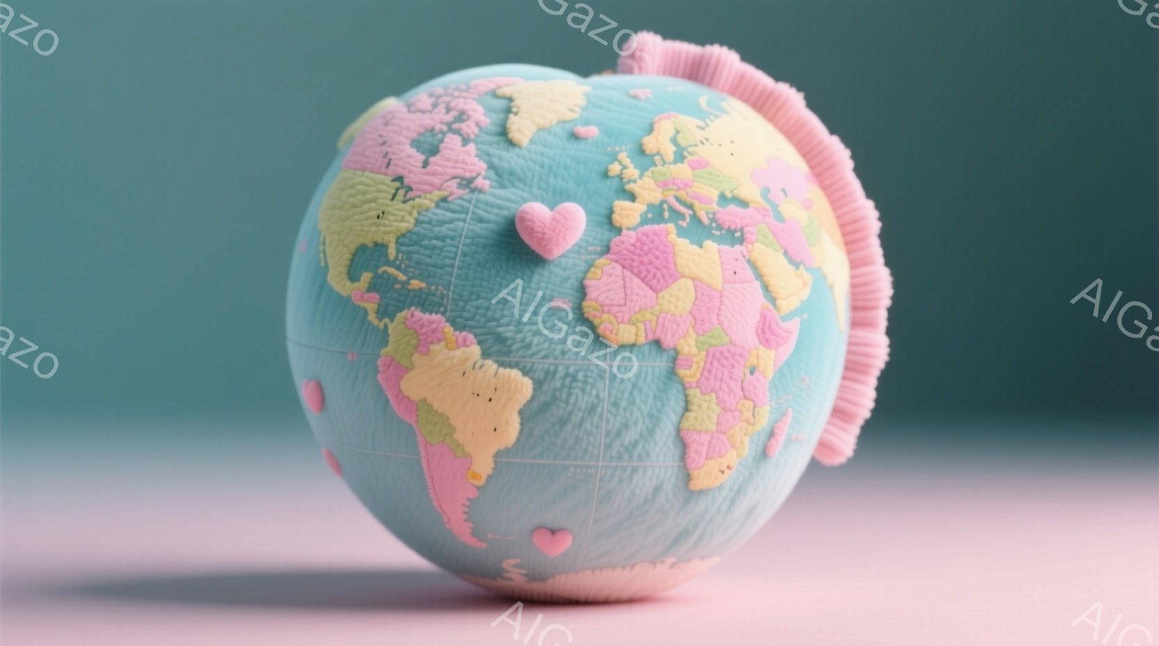 ターコイズブルーの地球儀が、ピンク色の柔らかい背景の上に置かれています。各大陸はパステルカラーで塗り分けられ、可愛らしい印象を与えます。地球儀には小さなピンク色のハートが数カ所に散りばめられており、全体的に温かくロマンチックな雰囲気を醸し出しています。