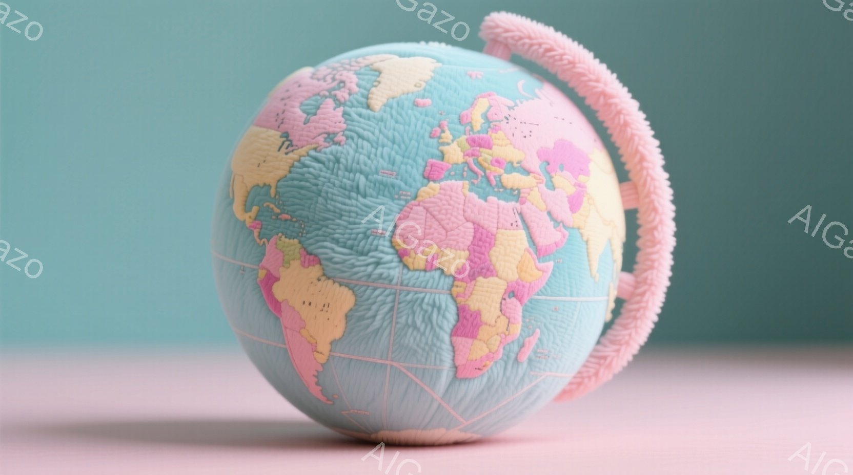 パステルブルーとピンクの色合いで表現された地球儀で、表面には大陸が彫刻のように施されています。地球儀は滑らかなピンク色のリボンで包まれており、優しい印象を与えます。背景は淡い水色とピンクのグラデーションで、全体的に柔らかく、夢のような雰囲気を醸し出しています。