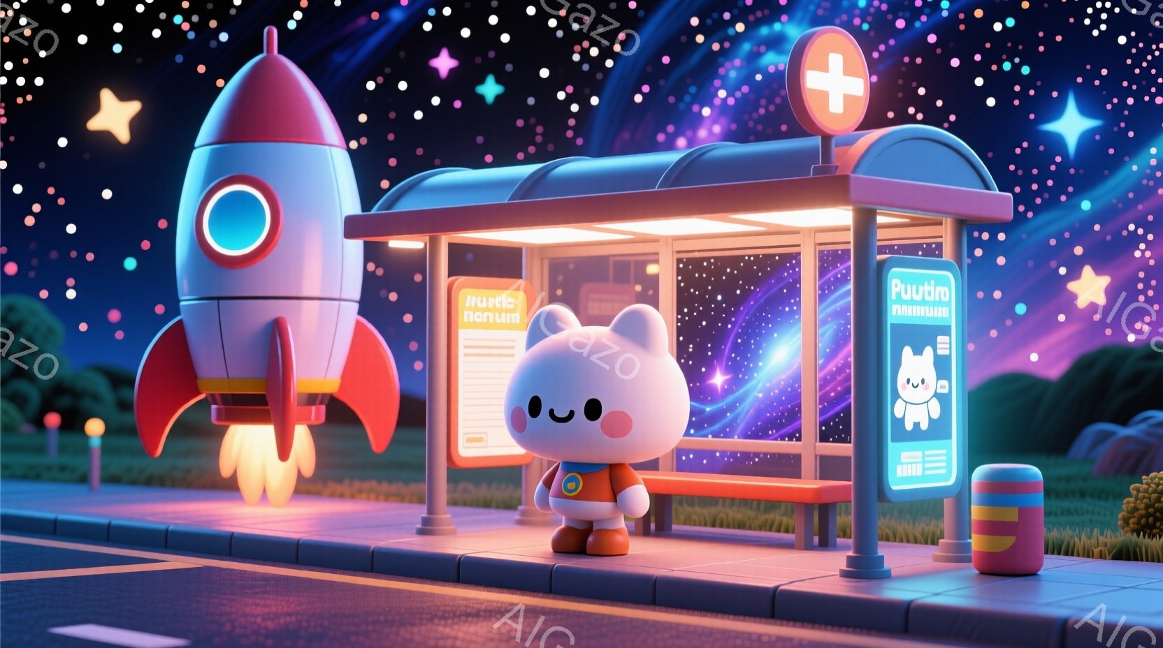 鮮やかな色彩のイラストで、小さな宇宙飛行士のようなキャラクターがバス停で待っている様子が描かれています。キャラクターはオレンジ色の宇宙服を着ており、つぶらな瞳と控えめな笑顔が特徴的です。背景には、星空を思わせるグラデーションと、緑豊かな草地、そして遠くに見えるシルエットが広がり、ファンタジーな雰囲気を醸し出しています。