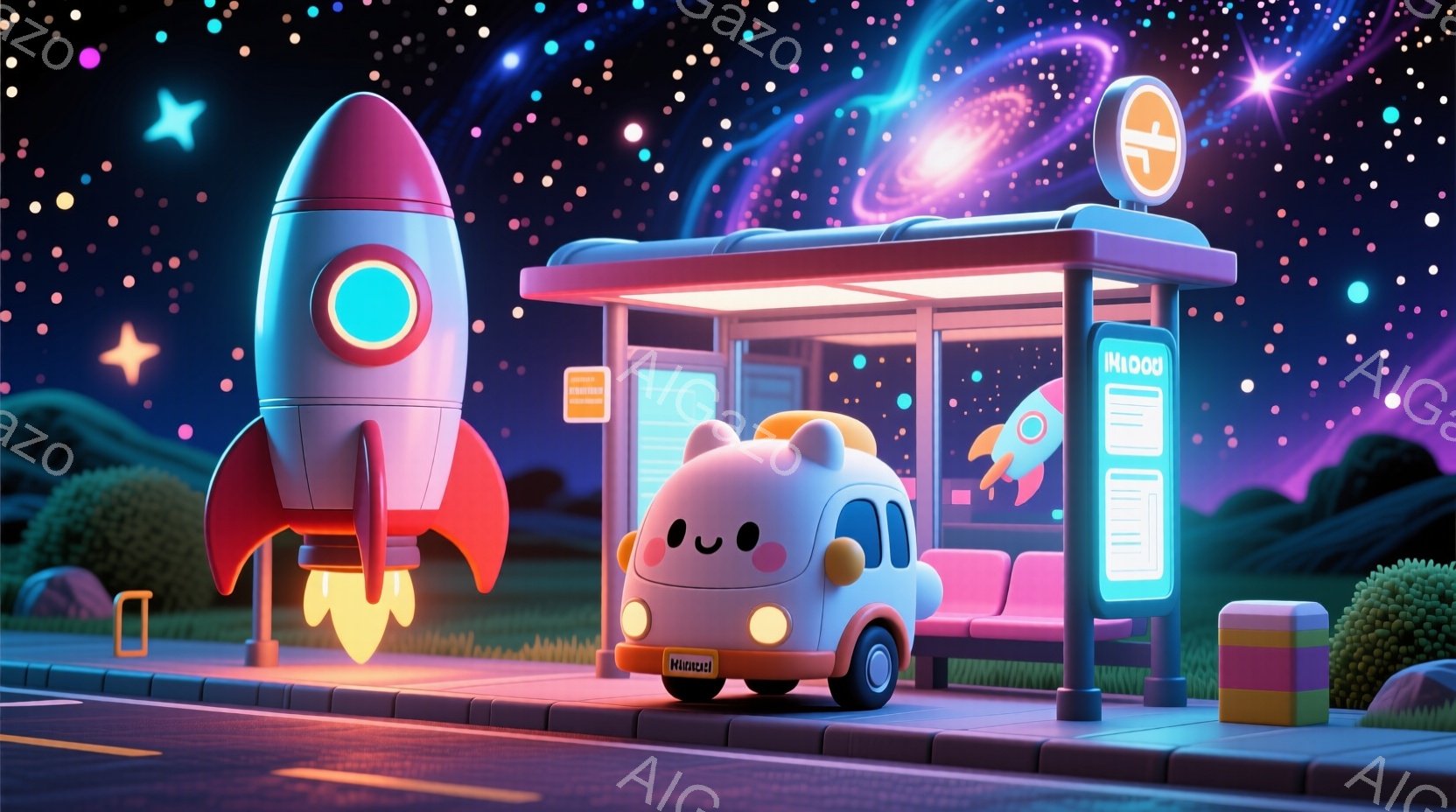 鮮やかな色彩のイラストで、可愛らしいピンク色の車がバス停で待っている様子が描かれています。背景には、ロケット型のオブジェや緑豊かな丘、そして星空が広がり、ファンタジーで遊び心のある雰囲気を醸し出してい - AI生成フリー素材