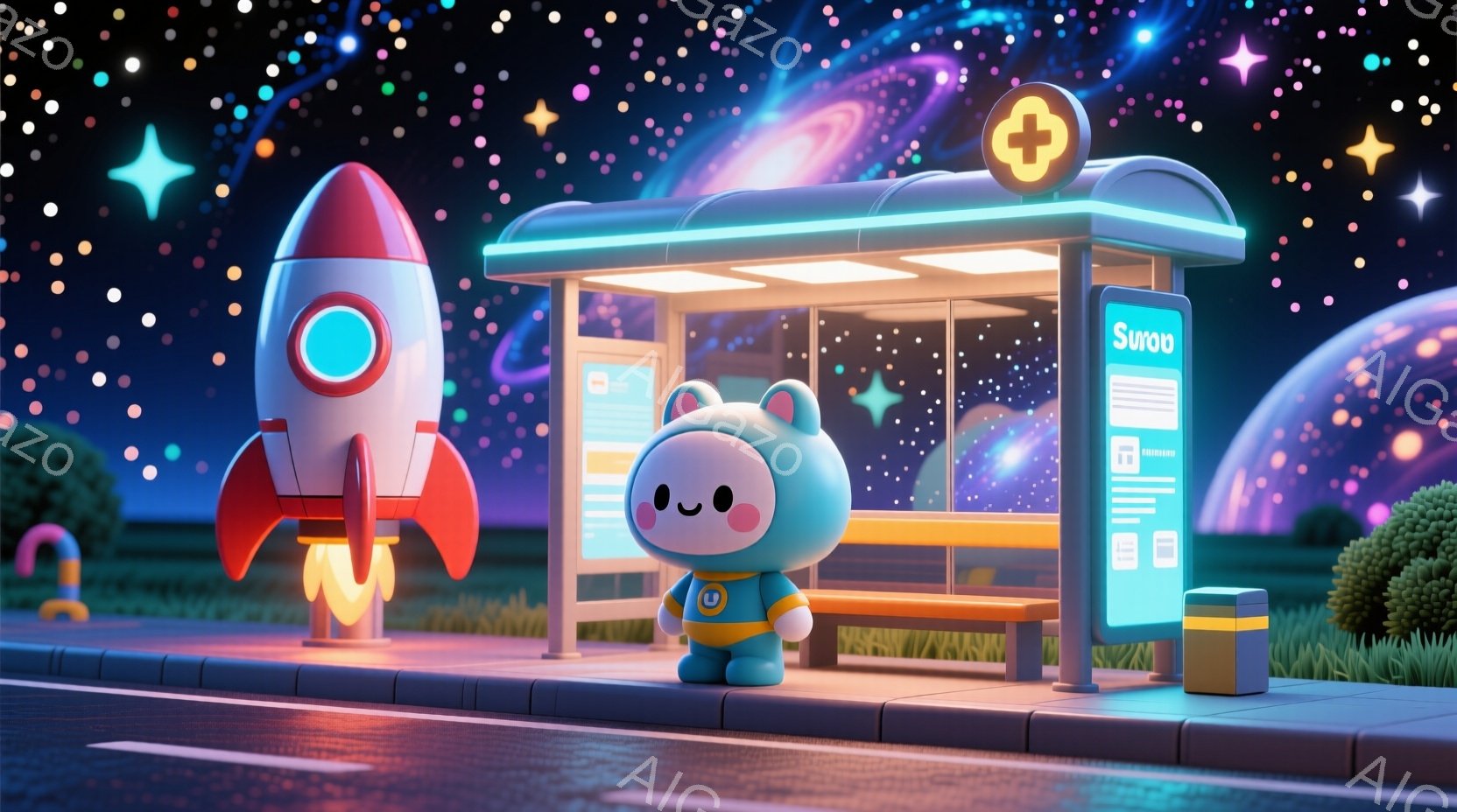 明るい緑色の芝生と紫色の丘が広がる背景に、かわいらしいキャラクターが立っています。キャラクターは水色の服に黄色いボタンがついており、笑顔で少し上を見ているようなポーズをしています。背景にはバス停とロケ - AI生成フリー素材