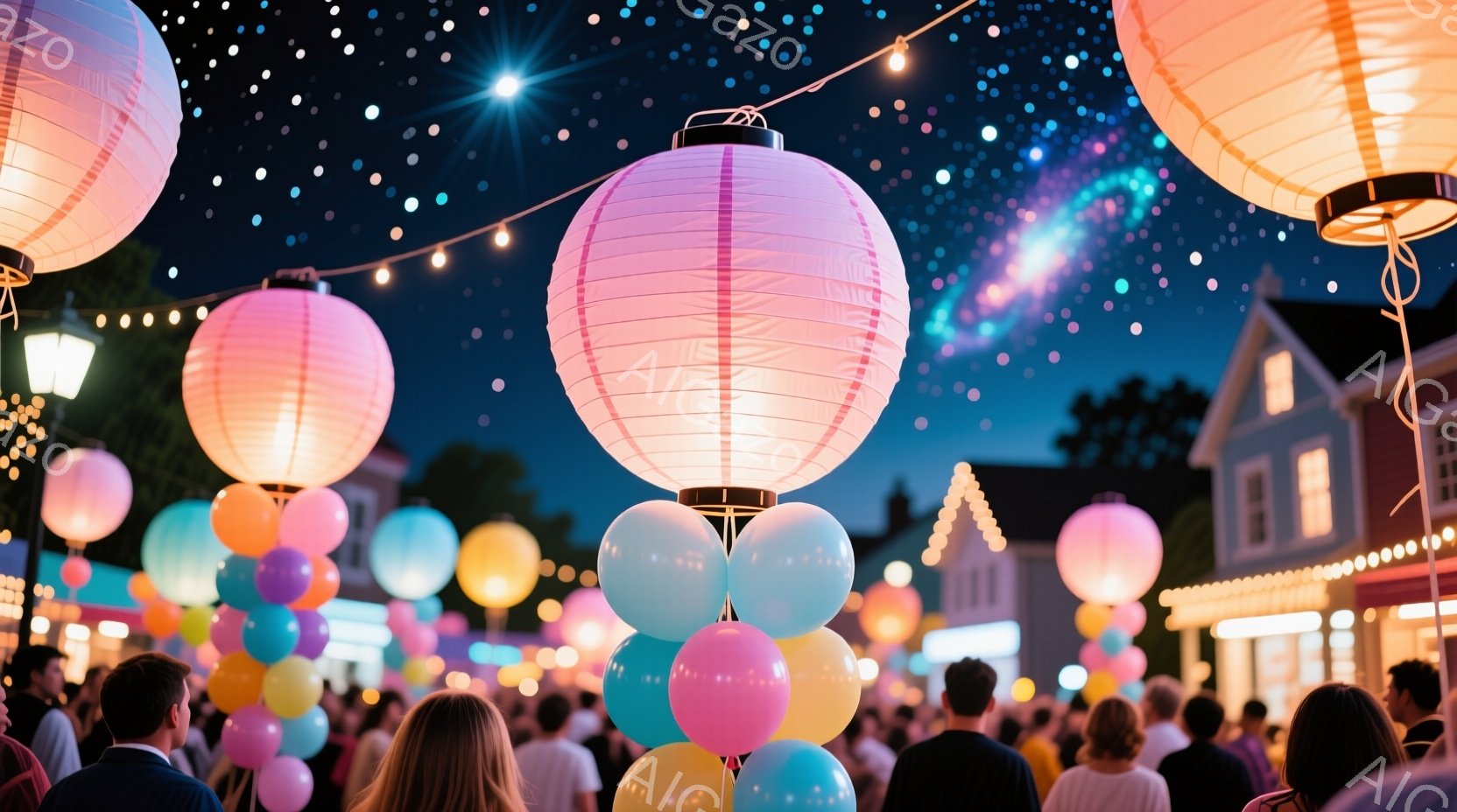 夜に開催された屋外のパーティーを示しています。多くの人々が集まり、中心にバルーンが挿入され、飲み物や食べ物が提供されていると思われます。雰囲気は祝福的で、光り輝く色fulのバルーンが夜空に静かに浮遊し - AI生成フリー素材