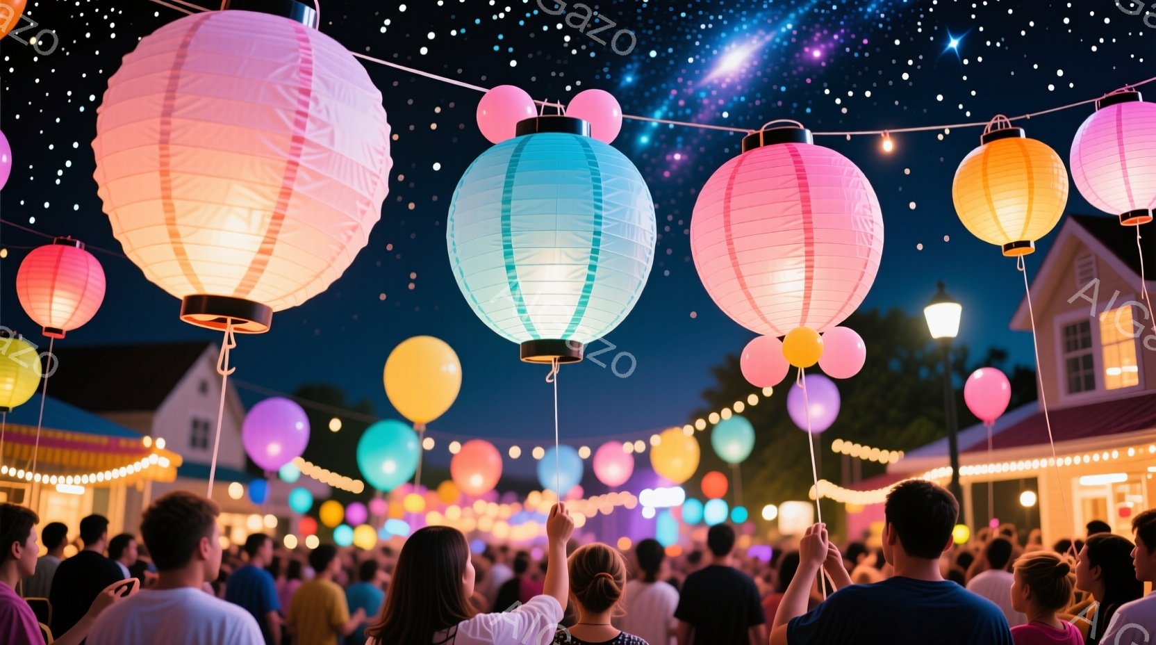 夜空の下、色とりどりの提灯が空中に浮かび、幻想的な光景を作り出している。人々は提灯を手に持ち、夜空を見上げているようで、温かく、お祭り気分に包まれた雰囲気である。背景には、可愛らしい家々が並び、穏やか - AI生成フリー素材