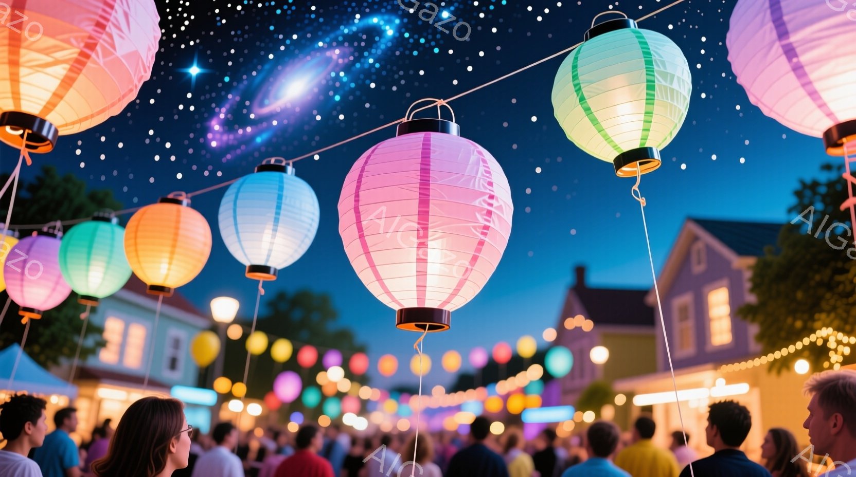 夜空を背景に、色とりどりの提灯が並んでいる様子が捉えられています。人々はカジュアルな服装で、提灯の下を歩いたり、談笑したりしており、楽しげな雰囲気が伝わってきます。建物や木々が背景にぼやけて見え、夜空 - AI生成フリー素材