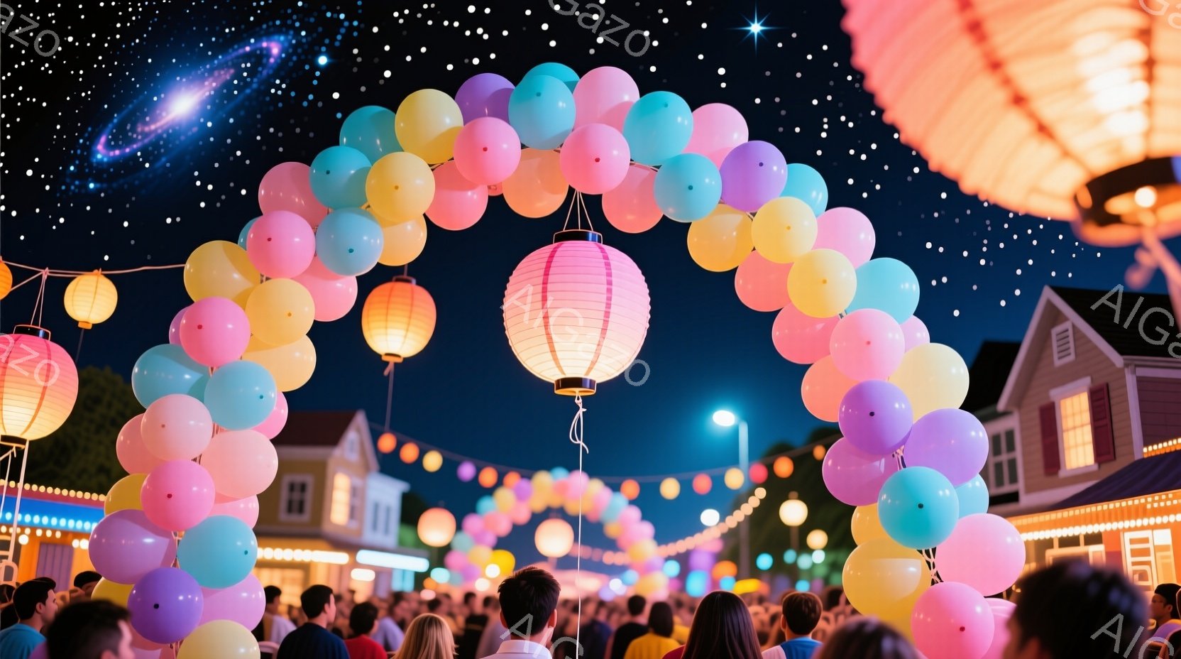 夜の屋外イベント会場では、カラフルな風船で作られたアーチが印象的です。人々は後ろから見え、様々な色の服を着ており、楽しげな雰囲気が伝わってきます。背景には可愛らしい建物が並び、上にはたくさんの提灯が灯り、幻想的な夜の空間を演出しています。