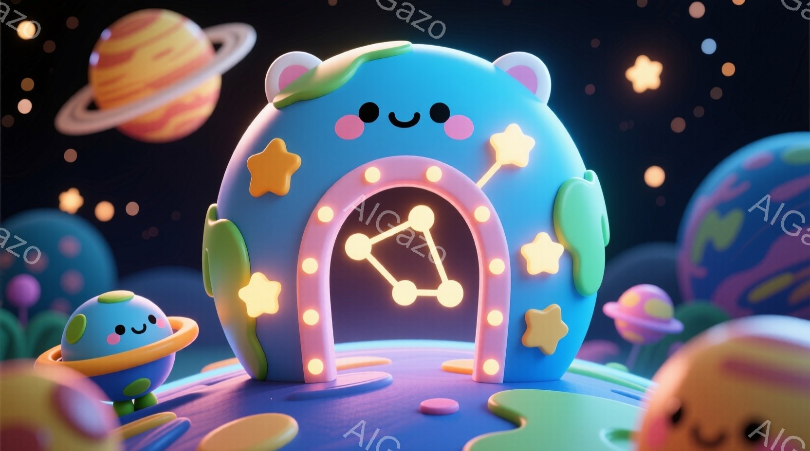 鮮やかな青色の惑星のような地面の上に、可愛らしいピンク色の家が建っています。家は星形の装飾と光るアーチで飾られ、まるで夢のような空間を作り出しています。背景には、様々な色のUFOや星々が浮かび、全体的にファンタジーで遊び心あふれる雰囲気が漂っています。