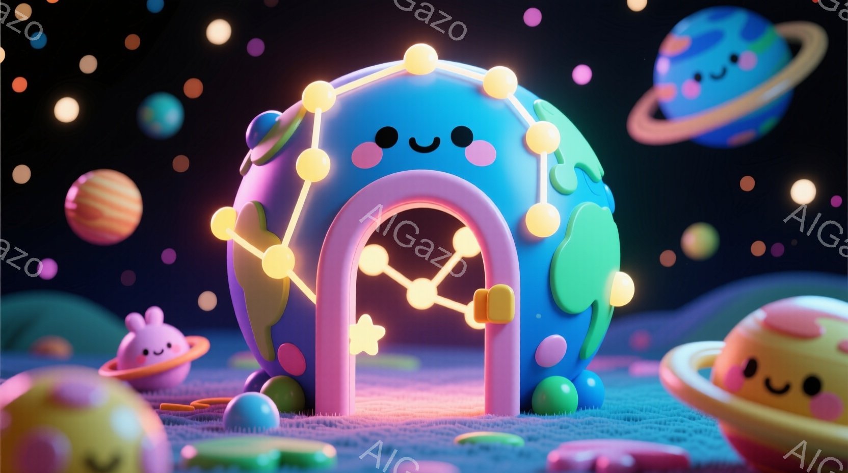 鮮やかなターコイズブルーと緑の地球が、星の繋がったような装飾を身につけています。ピンク色のアーチが正面にあり、星形の装飾が土の上に散らばっています。背景は暗い紫色で、様々な色と大きさの笑顔の惑星が浮かび、全体的に夢幻的で遊び心のある雰囲気を作り出しています。