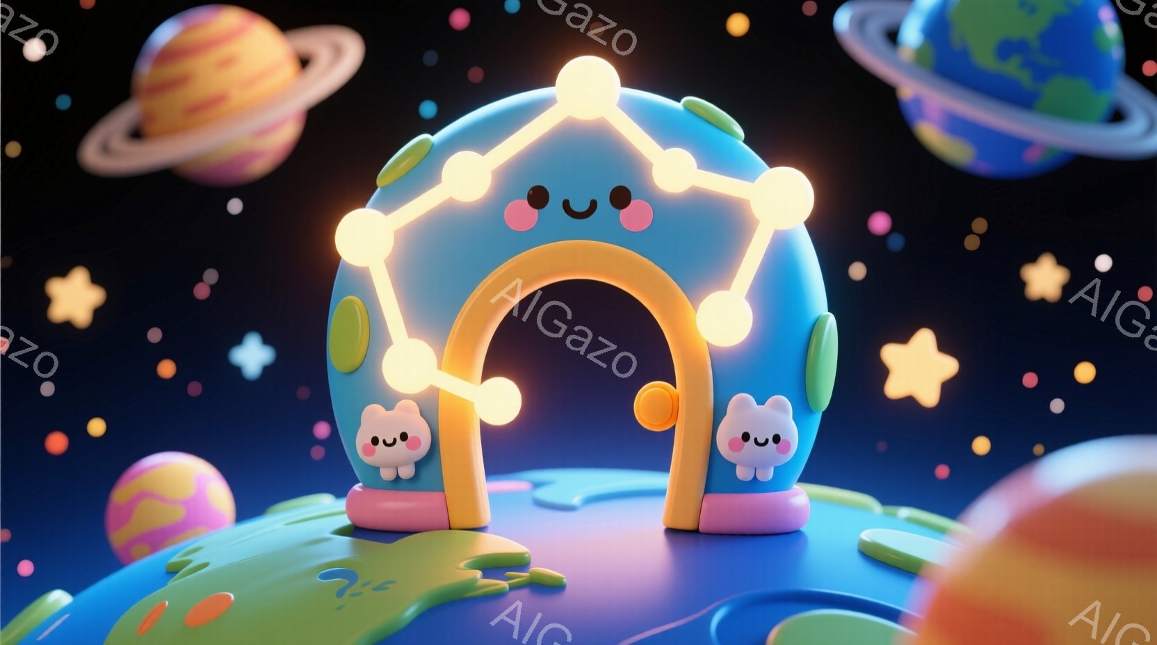 鮮やかな色彩の惑星が浮かぶ暗闇の宇宙に、可愛らしい笑顔のアーチ型の建物が佇んでいます。建物は水色とオレンジ色で構成され、星のような光が繋がってアーチを形作っています。建物は緑色の波打つ地面の上にあり、 - AI生成フリー素材