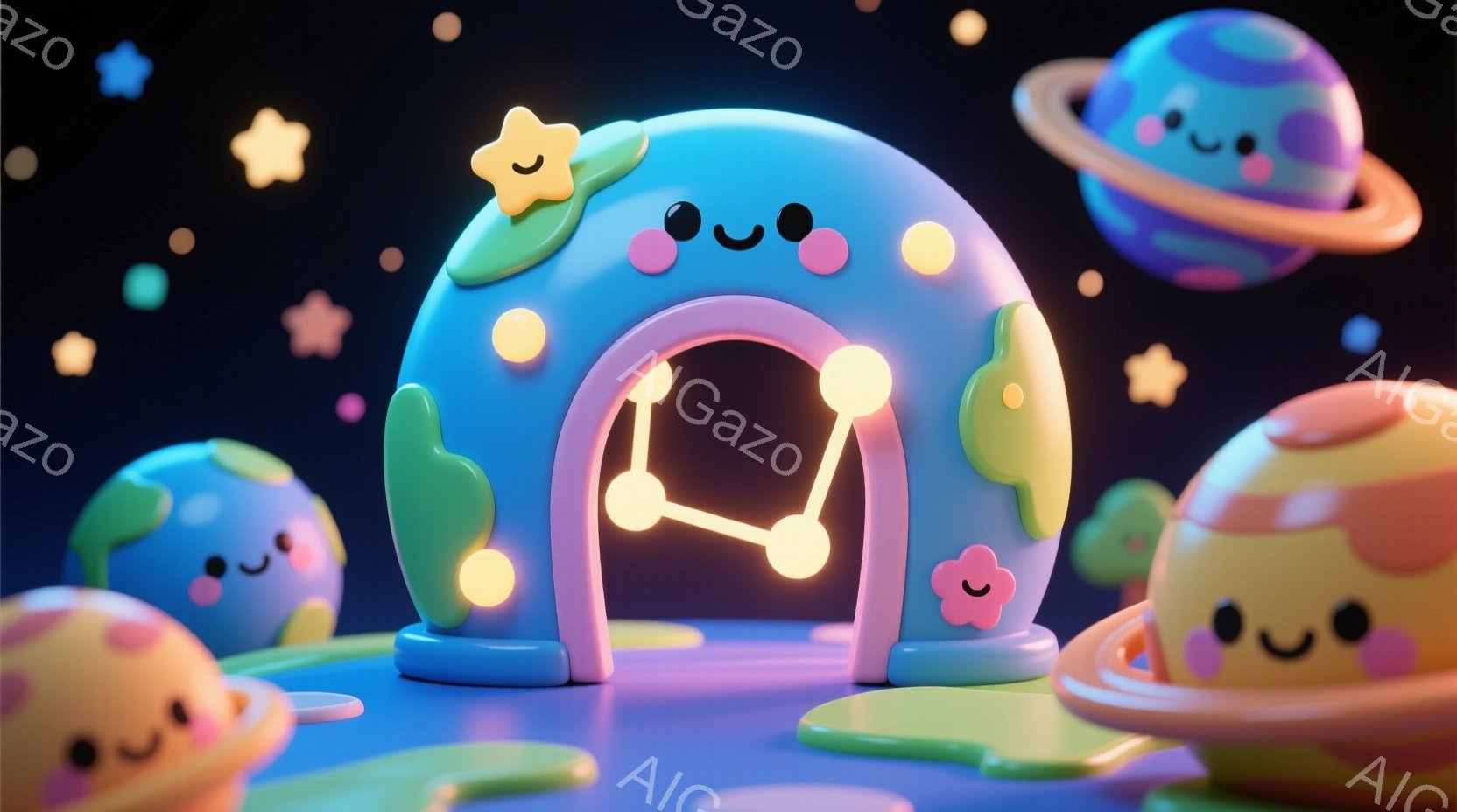 鮮やかな色彩の惑星たちが、夜空を舞台に浮かんでいる様子が描かれている。中央には、植物や花で飾られたアーチ型の構造物があり、温かい光を放っている。全体的に、夢のような可愛らしい雰囲気で、ほのぼのとした幸 - AI生成フリー素材