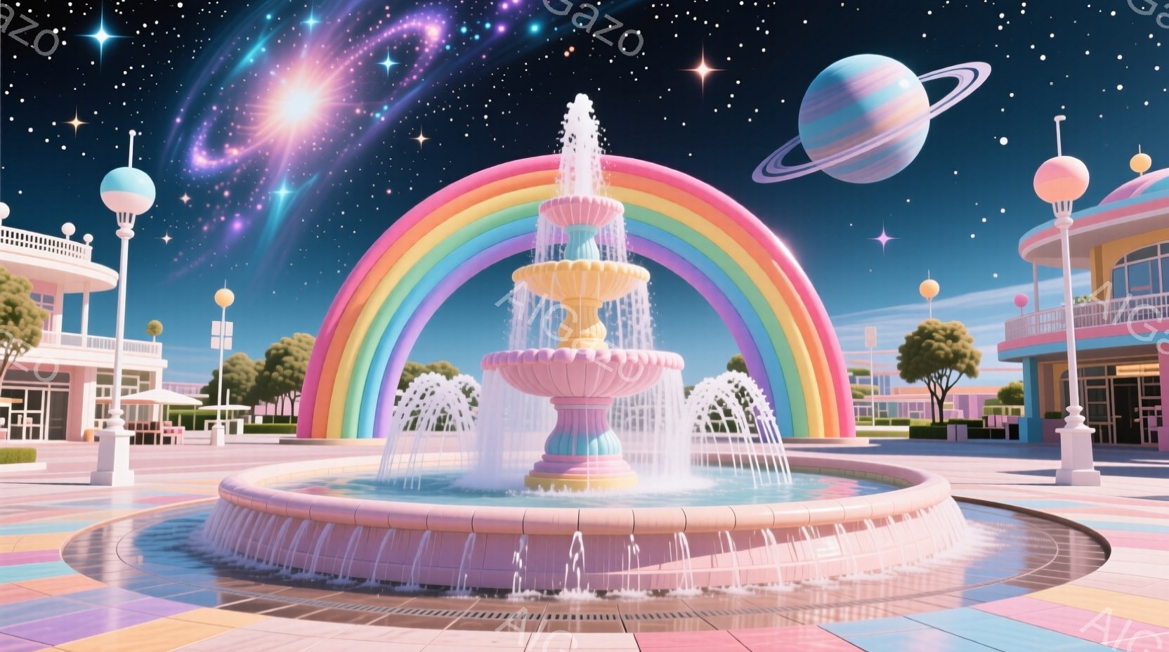 広場の中央には、虹色のアーチが印象的な噴水が設置されています。背景には、パステルカラーの建物が並び、青空の下、どこか幻想的な雰囲気を感じさせます。全体的に鮮やかで、楽しげな色彩が溢れており、夢のような - AI生成フリー素材