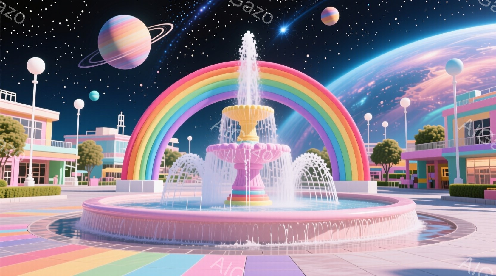 カラフルな円形広場の中央には、ピンク色の噴水が設置されており、水が優雅に舞い上がっています。背景には、パステルカラーの建物が並び、夜空には惑星と星が輝き、ファンタジーのような雰囲気を醸し出しています。 - AI生成フリー素材