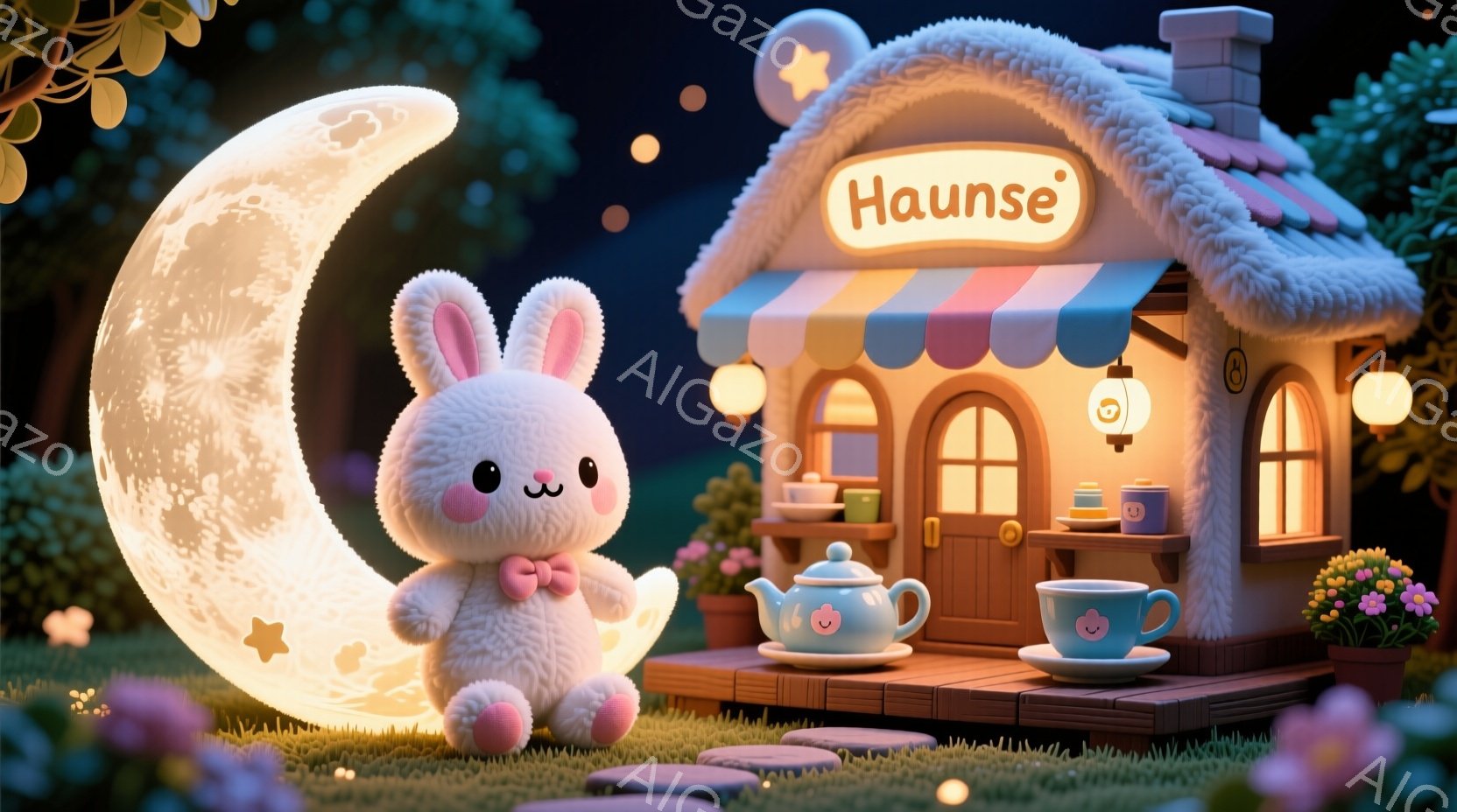 ふわふわの白いウサギが、赤いドレスと靴を身に着け、微笑んでいます。背景には、かわいらしいピンクと水色の屋根を持つ小さな家があり、庭にはティーセットが並べられています。満月と星空が、この夢のような風景を - AI生成フリー素材