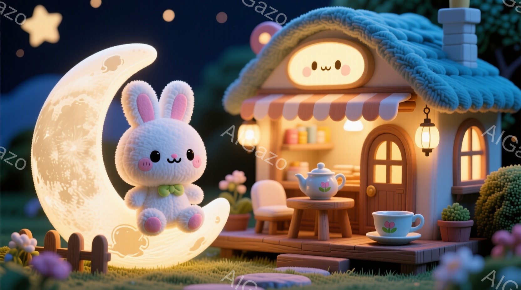 ふわふわの白いウサギが、光る三日月の上に座っています。ウサギは緑色のリボンをつけており、丸くてつぶらな瞳で穏やかな表情をしています。背景には、可愛らしいコテージが灯りをともし、庭には植物が咲き乱れ、夜空には星が輝いています。