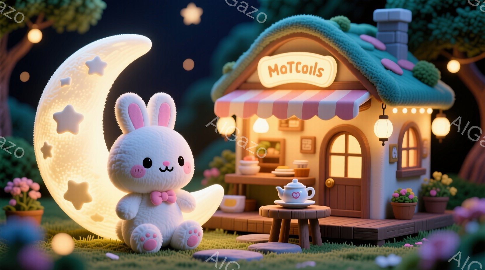 ふわふわの白いウサギが月の上に座り、ピンクのリボンをつけている。背景には、温かい光を放つ可愛らしいコテージがあり、テーブルにはティーカップとティーポットが置かれている。夜空には星が輝き、緑豊かな草地が広がり、全体的に穏やかで夢のような雰囲気が漂っている。