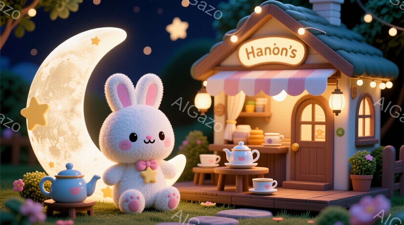 ふわふわの白いウサギのぬいぐるみは、星の形のブローチをつけて、大きな満月を背景に座っています。ウサギはピンクの頬で可愛らしく、小さなテーブルの上にティーセットが置かれています。背景には、温かい光を放つ可愛らしいお店があり、夜空には星が輝き、全体的に夢のような優しい雰囲気です。