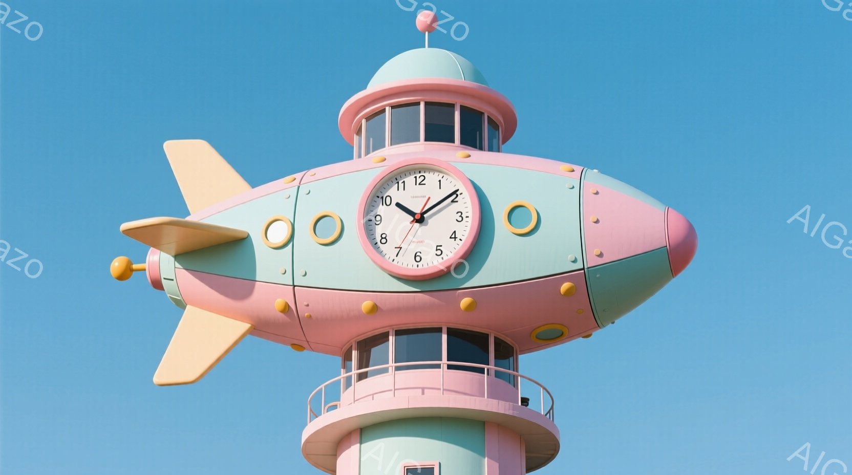 空を背景に、ピンクと水色のユニークなUFO型の建物が描かれている。建物は時計を搭載しており、時計の針は3時頃を指している。全体的に、パステルカラーでレトロで遊び心のある雰囲気が漂っている。