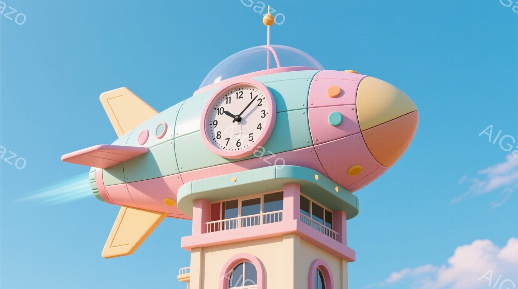 鮮やかなピンクと水色の飛行機が、クリーム色の塔の上に設置されている奇抜な光景です。飛行機は時計を搭載しており、プロペラは空気を切り裂いて推進力を生み出しているように見えます。背景は澄んだ青空とふわふわした雲で、全体的に夢幻的で遊び心のある雰囲気を醸し出しています。