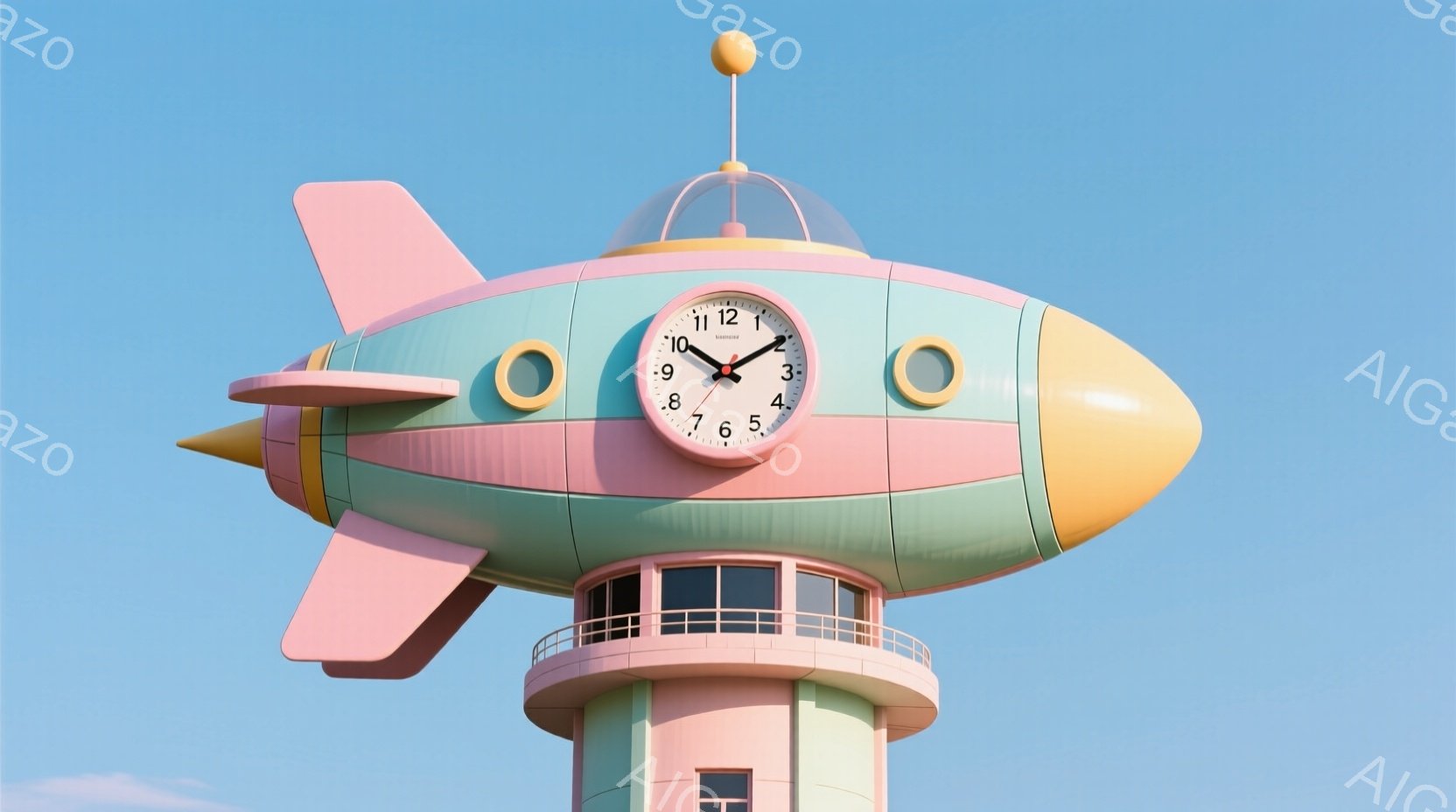 空には何も雲がなく、明るい青空が広がっています。ピンクと水色のロケット型の建物が塔の上部に設置されており、時計が組み込まれています。全体的に、レトロでポップな雰囲気で、どこか懐かしい未来を感じさせます。