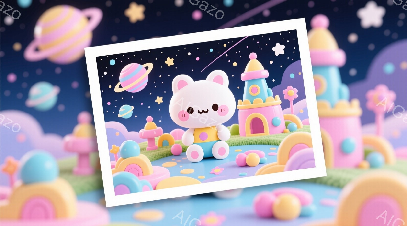 ピンク色の背景に、丸みを帯びた可愛らしいクマのキャラクターが描かれています。クマは白い体に、ピンクと水色の洋服を着ており、穏やかな表情を浮かべています。背景には、パステルカラーのカラフルな建物や植物が - AI生成フリー素材