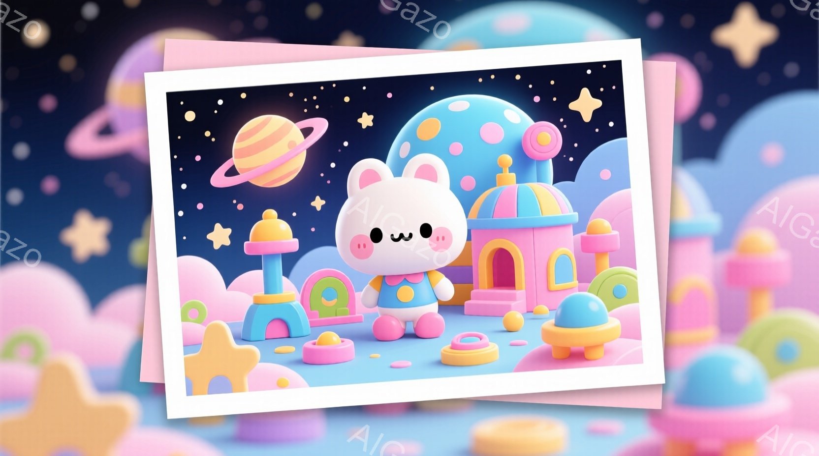 ふわふわした白いキャラクターが、カラフルな未来的な街並みの中に立っている。キャラクターはオレンジ色のオーバーオールと緑色のシャツを着ており、つぶらな瞳とわずかに開いた口で愛らしい表情をしている。背景に - AI生成フリー素材