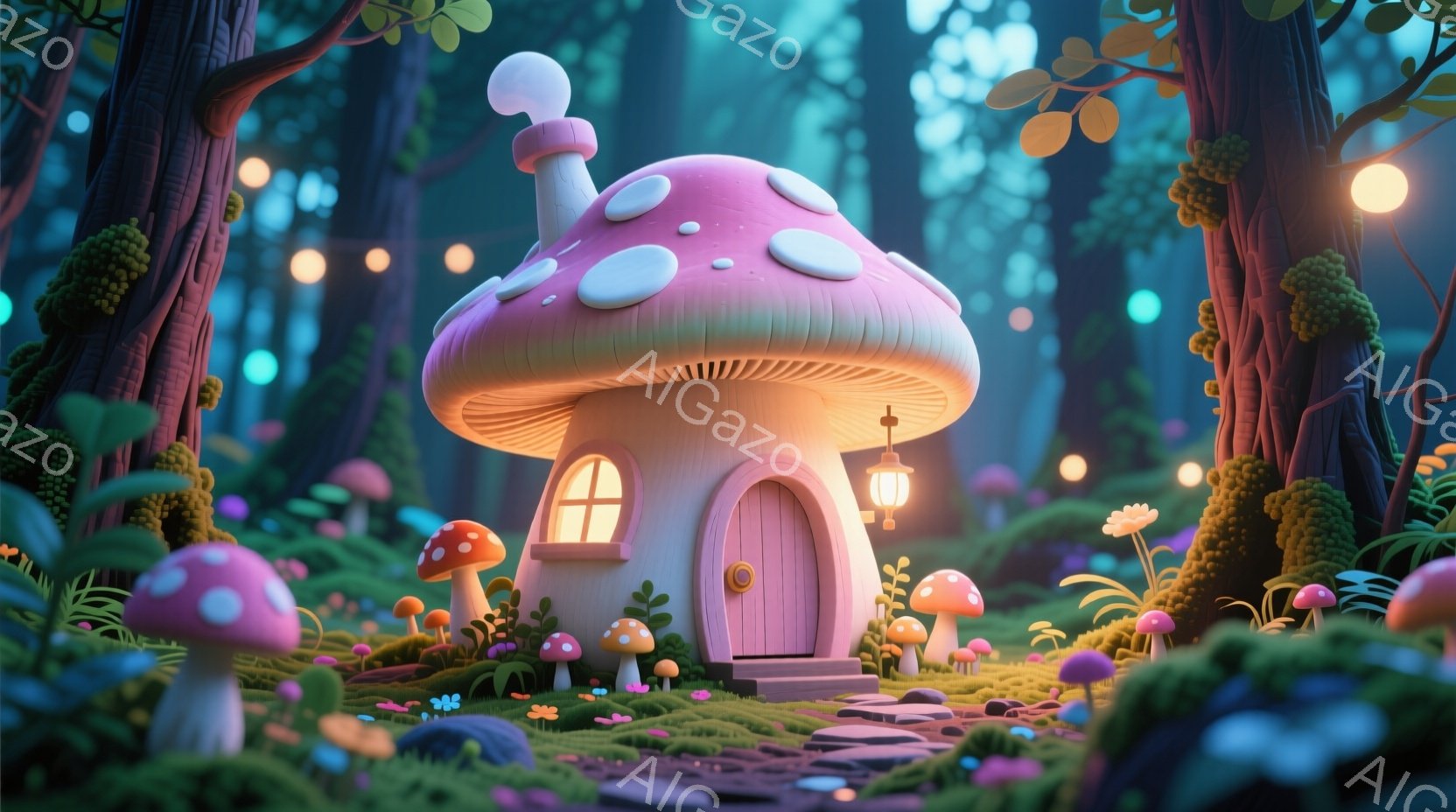 鮮やかな緑の森の中に、可愛らしいキノコの家が建っています。ピンク色の傘の部分には白い水玉模様があり、木製のドアと窓は暖色系の光で照らされています。周囲には様々な種類のキノコが生え、小さな花々が咲き乱れ - AI生成フリー素材