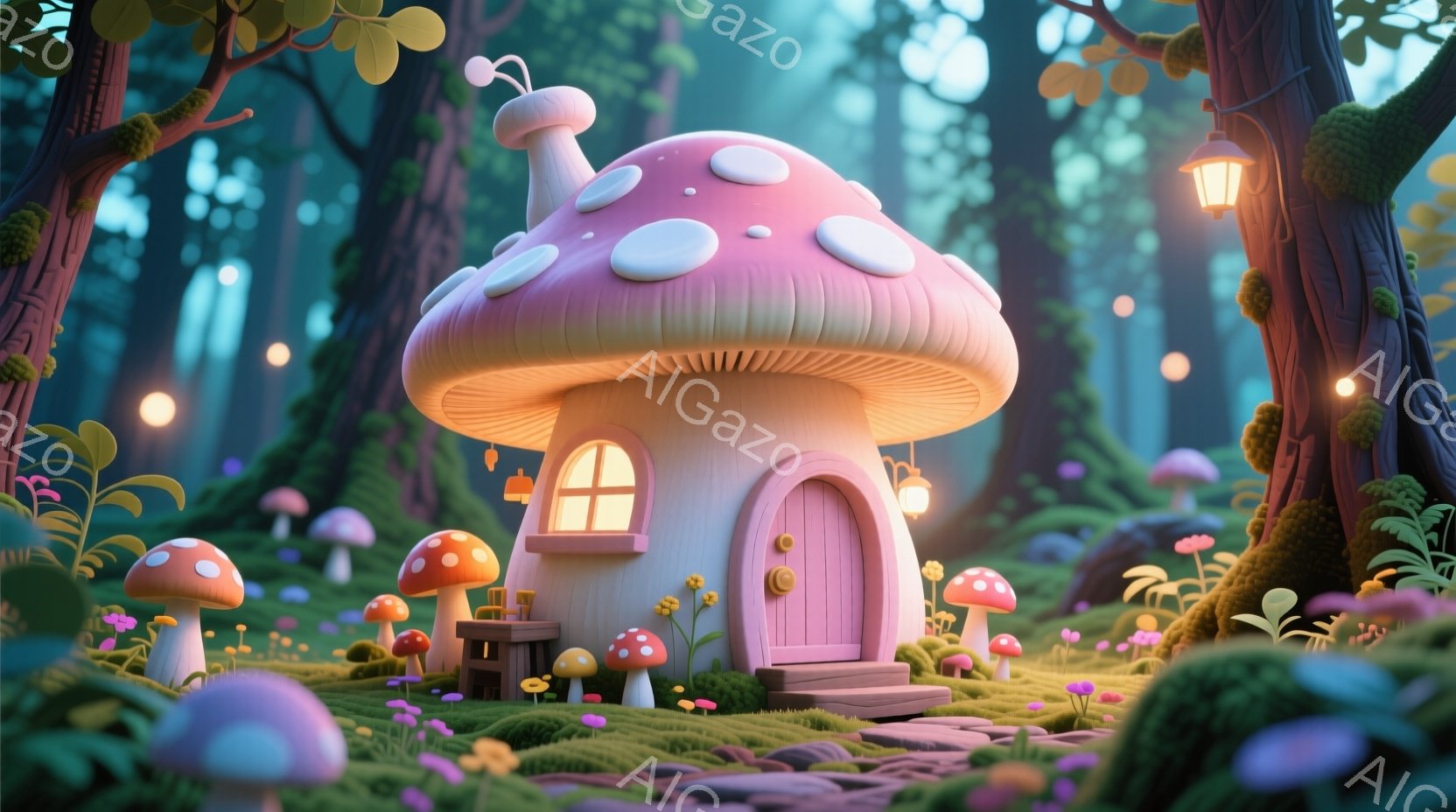 鮮やかなピンク色のキノコ型の家が、緑豊かな森の中にひっそりと建っています。家の周りには様々な種類のカラフルなキノコが生い茂り、小さな階段と窓からは温かい光が漏れています。背景には苔むした木々がそびえ立 - AI生成フリー素材