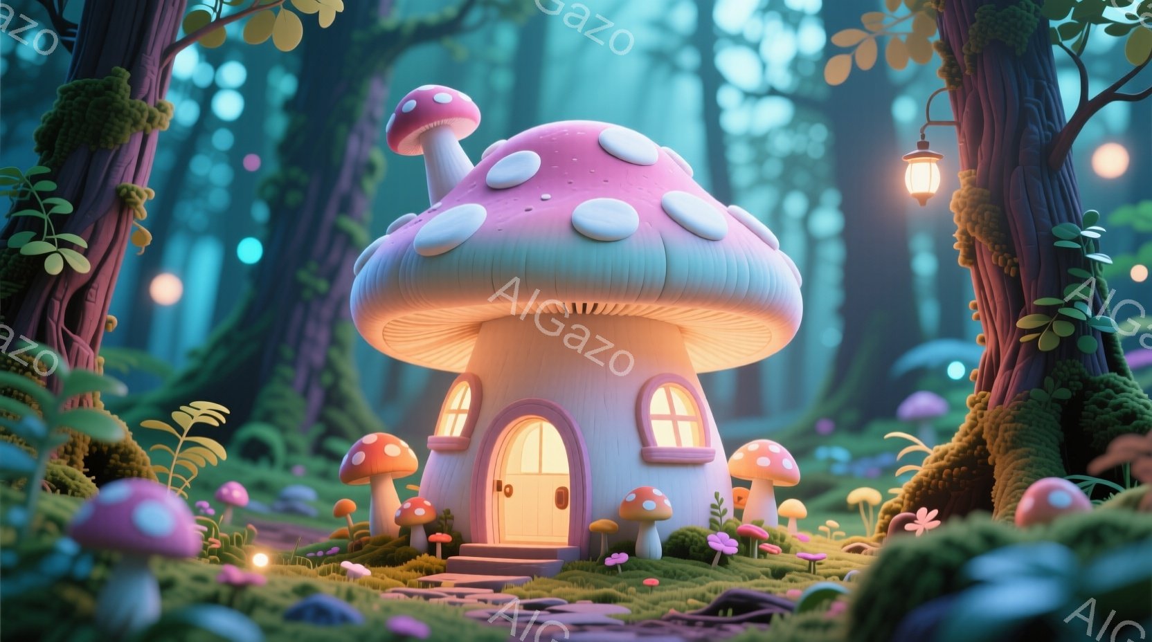 鮮やかな緑の苔が生い茂る森の中に、可愛らしいキノコ型の家が建っています。家はピンク色で、屋根には白い斑点があり、暖かく光る窓とドアから優しい光が漏れています。周囲には様々な大きさのキノコが生えており、 - AI生成フリー素材