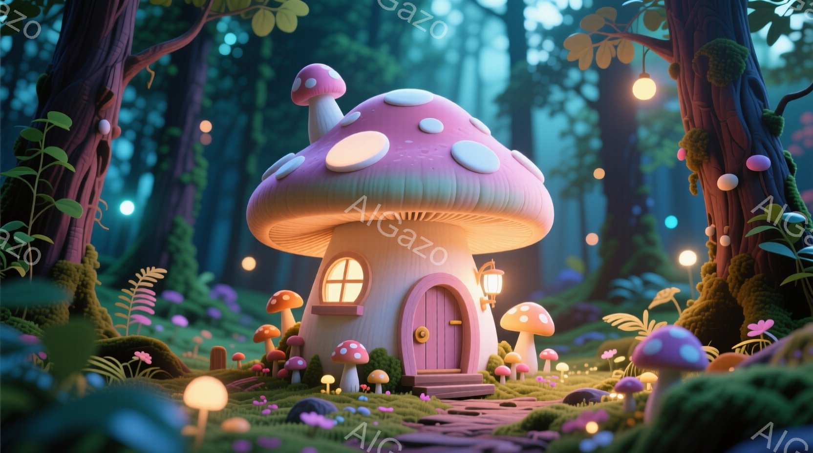 鮮やかな緑の森の中に、可愛らしいキノコの家が建っています。ピンクと白のストライプが特徴的なこの家は、小さな窓とドアを持ち、周りには様々なサイズのキノコが生えています。暖かく幻想的な光が森全体を照らし、 - AI生成フリー素材
