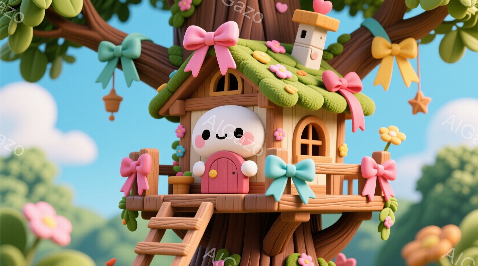 暖かく可愛らしいツリーハウスが描かれています。白い頬を持つ小さなキャラクターが、ピンクのドアの前で微笑んでおり、周囲にはピンクや水色のリボン、花、星が飾られています。背景は、明るい青空と緑豊かな自然で - AI生成フリー素材