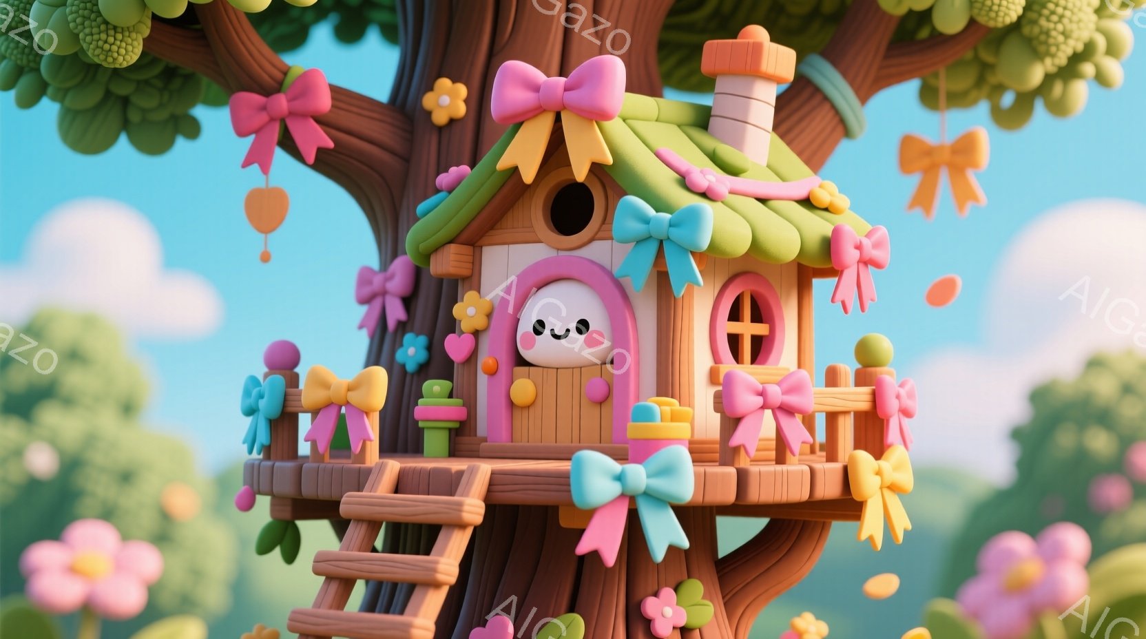 樹の幹に建てられた、可愛らしいツリーハウスが描かれています。ピンク色のドアと窓枠がアクセントで、屋根には緑色の草が生えています。背景には、花々が咲き乱れ、晴れた空が広がり、暖かく優しい雰囲気が漂ってい - AI生成フリー素材