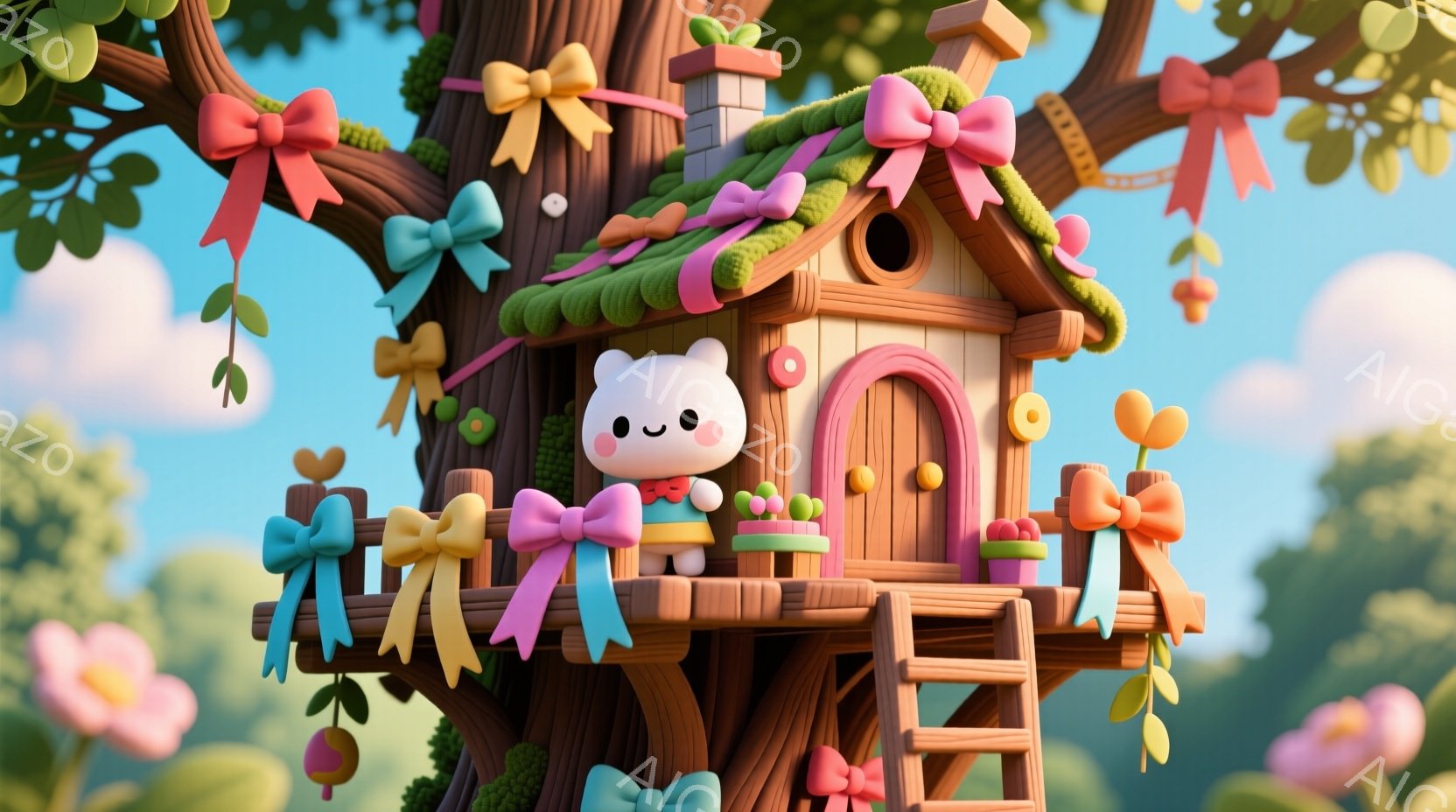 樹の上に建てられた可愛らしいツリーハウスが描かれています。白いウサギのようなキャラクターが赤いリボン付きの服を着て、ツリーハウスのバルコニーに立っており、嬉しそうな表情をしています。背景には青い空と緑 - AI生成フリー素材