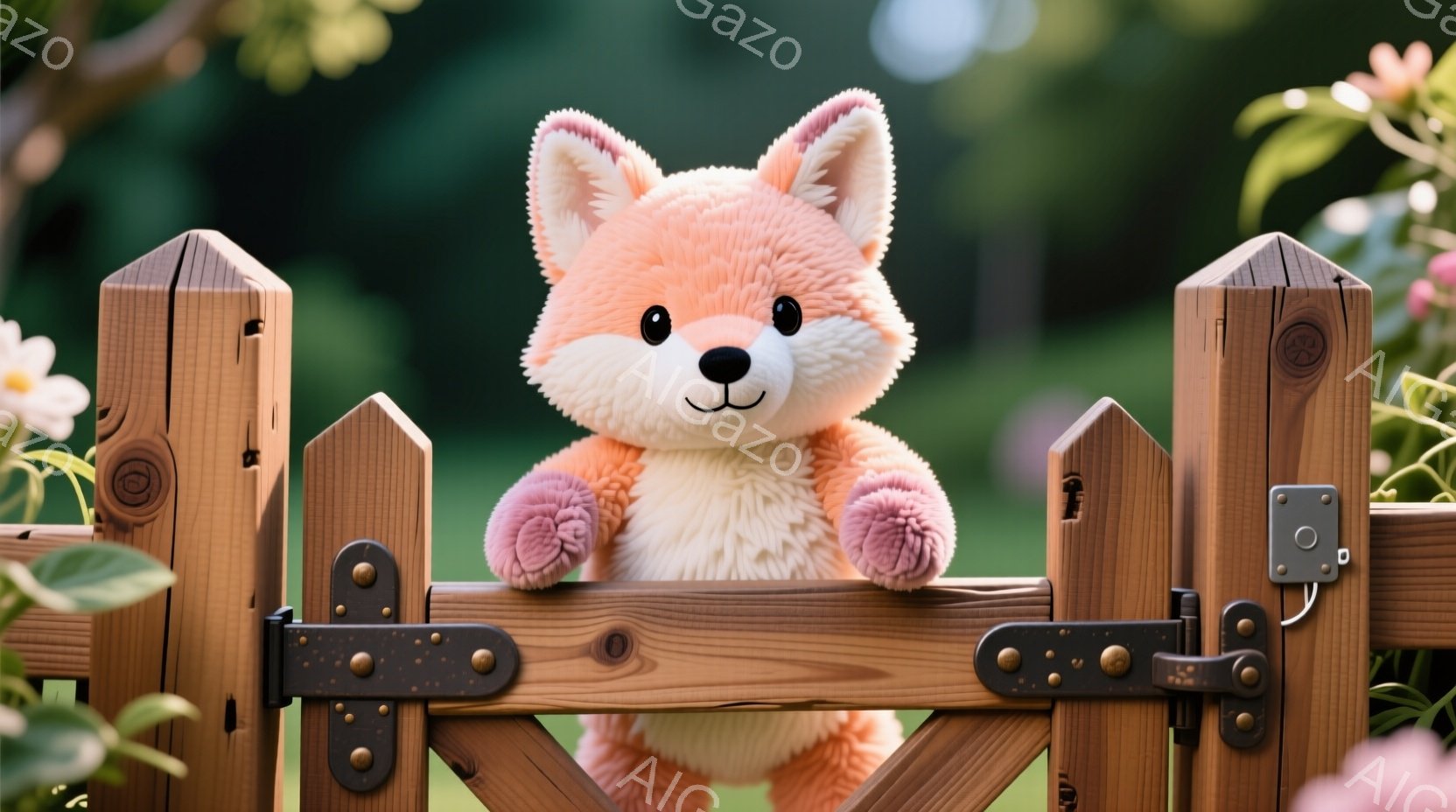 ふわふわのオレンジ色の犬のぬいぐるみがお庭の木の柵に寄りかかっています。明るい緑色の背景と、柵の周りの白い花が春らしい雰囲気を醸し出しています。犬のぬいぐるみは愛らしい表情で、穏やかで心地よい情景です。