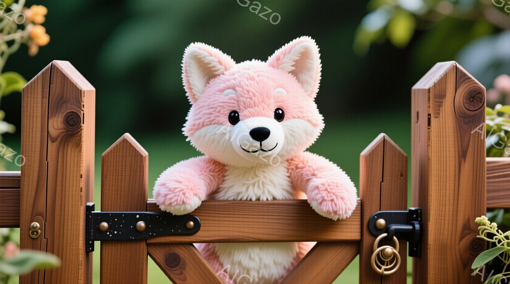 ふわふわのピンク色の犬のぬいぐるみがお庭の木製の柵にもたれかかっており、楽しそうな表情でカメラを見ています。背景には緑豊かな植物が見え、晴れた日の穏やかな雰囲気が漂っています。柵の金属製の留め具がアク - AI生成フリー素材